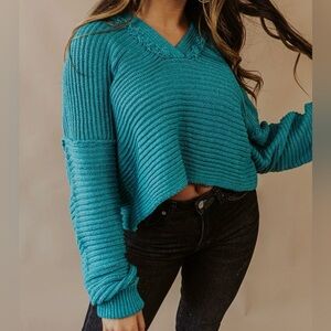 Free People Blue Marlie V-Neck Pullover Sweater